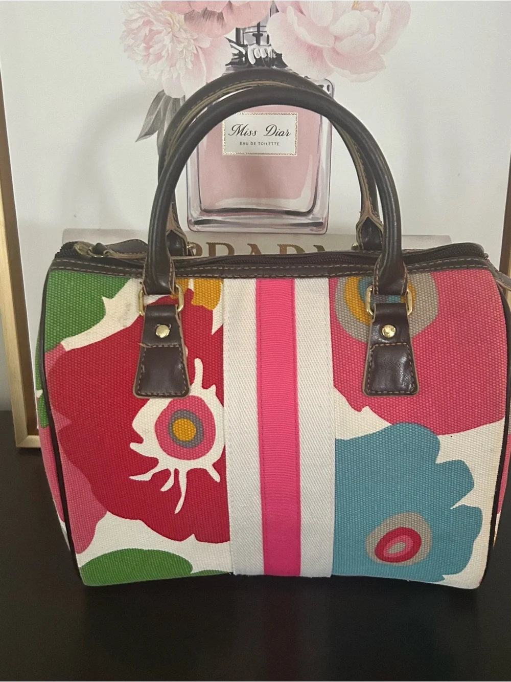 Vintage Y2K Victoria’s Secret Floral Canvas Satchel Handbag Striped Bowling bag